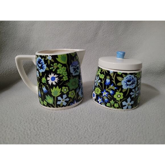 Napcoware Blue Green Pansies Floral Chintz Creamer Sugar Set Japan - Picture 11 of 11